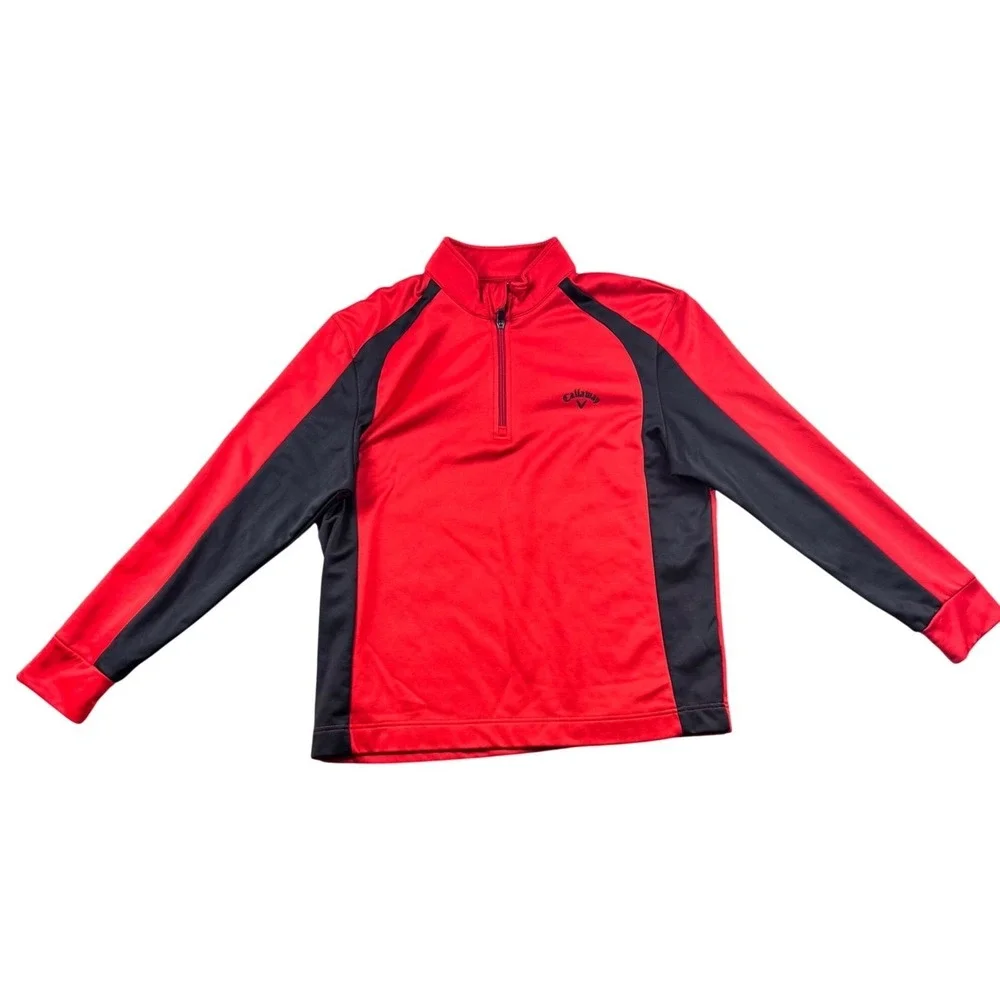 Callaway Mens Large Red Black Colorblock Quarter Zip Golf‎ Pullover Fleece Lined